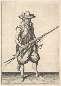 Sotilas ravistelee jauhetta kattilan päältä, Musketeers-sarjasta, levy 19, sisään... tekijältä Unbekannt