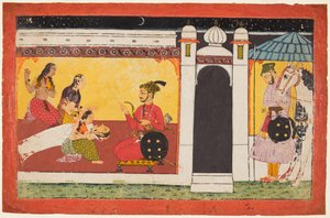 Nainen pyörtyy prinssin edessä, yökohtaus Madhavanala Kamakandala -sarjasta, n. 1700. tekijältä Unbekannt
