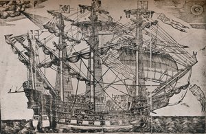 Puupiirros laivasta, jonka uskotaan olevan The Ark Royal, c1587 tekijältä Unbekannt
