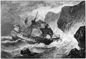 Amiraali Somers ajaa laivaansa maihin, Bermuda, 1609 c1880 tekijältä Unbekannt