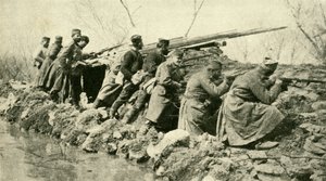 Sateiden jälkeen: Serbian jalkaväki...tulvien aikana, ensimmäinen maailmansota, c1915, c1920. tekijältä Unbekannt