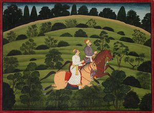 Akrura Rides Toward Dwarka, sivu suurelta Basohli Bhagavata Puranalta, n. 1760-1765. tekijältä Unbekannt