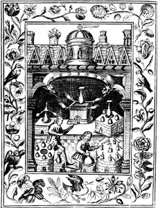 Alkemiallinen laboratorio, joka esittelee erilaisia uunien ja astioiden muotoja, 1652 tekijältä Unbekannt
