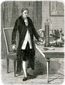 Alessandro Volta, italialainen fyysikko, esittelee sähköpaalakkuaan, c1800 c1870 tekijältä Unbekannt