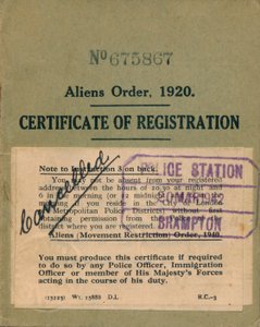 Ulkomaalaisten määräys, rekisteröintitodistus, 1920 tekijältä Unbekannt