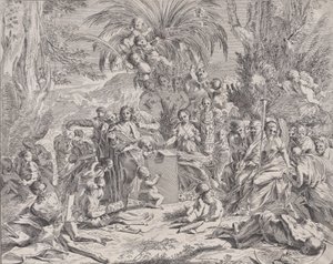 Allegoria maalauksesta, joka lapsena keskellä vasemmalla piirtää taululle, surrou..., 1650-1700. tekijältä Unbekannt