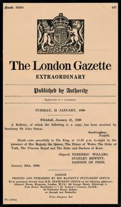 The London Gazetten poikkeuksellinen tiedote, jossa kerrotaan kuningas George V:n kuolemasta 1865-1936 tekijältä Unbekannt