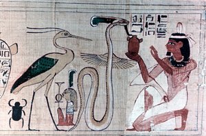 Muinainen egyptiläinen kuoleman papyrus polvistumassa käärmeen edessä tekijältä Unbekannt