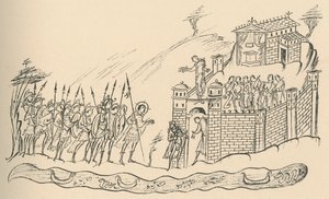 Anglosaksiset soturit lähestyvät linnoitusta, 1908 tekijältä Unbekannt