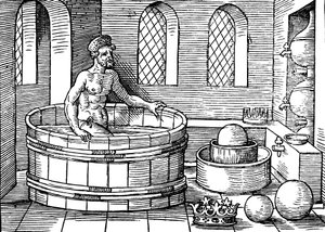 Archimedes c287-212 eKr., antiikin kreikkalainen matemaatikko ja keksijä, kylvyssä tekijältä Unbekannt