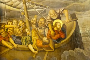Armenian apostolinen kirkko; Seinämaalaus; myrsky; Jeesus opetuslastensa kanssa veneessä myrskyn aikana; Betlehemin kirkko tai Bedkhemin kirkko; Julfa piiri tai Jolfa; Isfahan; Iran; Aasia tekijältä Unbekannt