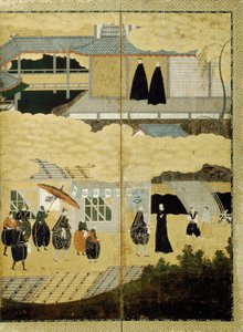 Portugalilaisen laivan saapuminen. Nanban-näyttö. Yksityiskohta: Japanilaiset kristityt, n. 1600 tekijältä Unbekannt
