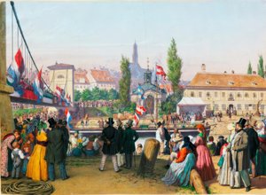 Höyrylaivan saapuminen Tonavan kanavan asemalle, Wien, 1845 Akvarelli tekijältä Unbekannt