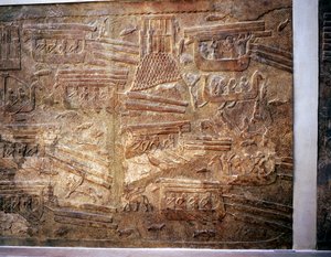 Assyrialainen reliefi, jossa näkyy puun kuljetus Libanonista vesiteitse, Khorsabad, 800-luku eKr. tekijältä Unbekannt