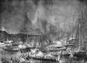 Hyökkäys ranskalaiseen hyökkäyslaivueeseen Boulognessa, Ranskassa, 15.-16. elokuuta 1801 1882-1884 tekijältä Unbekannt