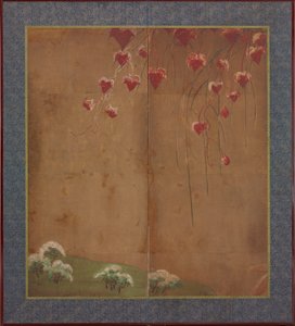 Syksyinen viiniköynnös, kaukaiset puut ja lumi, Edo-kausi, 1615-1868. tekijältä Unbekannt