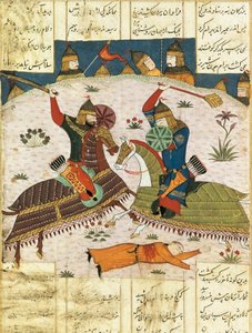 Bahram Shubinan yöhyökkäys Khusrau Parvizin leiriin, n. 1420. Maalattu miniatyyri, tekijältä Unbekannt