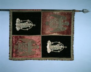 Banner, jossa on Espanjan neljäsosaiset kuninkaalliset käsivarret ja Madonna ja lapsi, 1500-luku. tekijältä Unbekannt