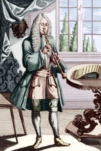 Barokkityylisen oboemuusikkon kuvateksti: Mies soittaa hautboyta (tai hautboia), joka on Musikalisches Theatrumin J C Weigelin (1661-1726) varhainen oboenkaiverrus. tekijältä Unbekannt