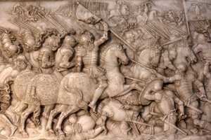 Pyhän Denisin basilika, Ranskan kuninkaan Francis 1 ja Ranskan Clauden hauta, Säätiön matala kohokuvio, Kuvaus Cerisolesin taistelusta, tässä ranskalainen ratsuväki päin keisarillisia joukkoja, Saint-Denis, Ranska tekijältä Unbekannt