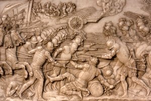 Pyhän Denisin basilika, Ranskan kuninkaan Francis 1 ja Ranskan Clauden hauta, Säätiön matala kohokuvio, Kuvaus Marignanon taistelusta vuonna 1515 - ranskalaiset ja heidän tykistönsä päin Sveitsin vanhaa valaliittoa, Saint-Denis, Ranska tekijältä Unbekannt
