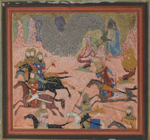 Bazur, taikuri, Nostaa pimeyttä ja myrskyä, Folio Shahnamasta..., n. 1430-40. tekijältä Unbekannt