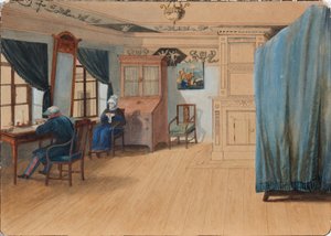 Makuuhuoneen sisustus. Kreivi Jegor Frantsevich Kankrin 1774-1845 pöytänsä ääressä, 1820-luku tekijältä Unbekannt