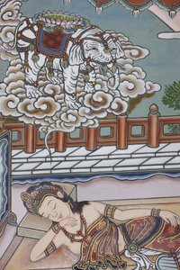 Ennen Siddartha Gautaman syntymää hänen äitinsä unelmoi valkoisesta norsusta, joka lahjoitti hänelle lootuksenkukan, Soul, Coree du Sud tekijältä Unbekannt