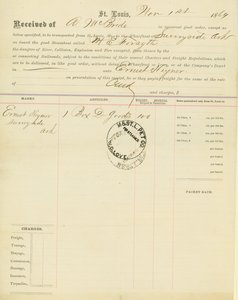 Konossementti, höyrylaiva M [ary] E.Forsyth, Sunnyside, Arkansas, 1. marraskuuta 1864 tekijältä Unbekannt