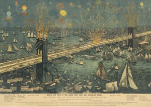 Lintuperspektiivistä Great New Yorkin ja Brooklyn Bridgen sekä ilotulitusnäytöksen..., 1883. tekijältä Unbekannt