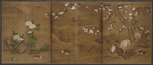 Linnut, vuodenaikojen kukat ja sivettikissat, Muromachin tai Momoyama-kausi, 1500-luku. tekijältä Unbekannt