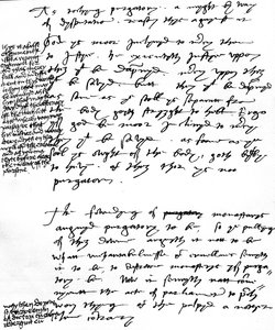Piispa Latimerin argumentit katolista Kiirastuli-oppia vastaan, kuningas Henrik VIII:n tekemät reunamerkinnät, n. 1538 (kynä ja muste paperille) tekijältä Unbekannt