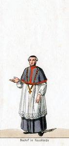 Piispa kotipuvussa, pukusuunnittelu Shakespearen näytelmään, Henry VIII, 1800-luku tekijältä Unbekannt
