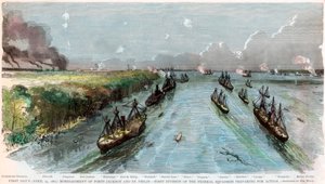 Jacksonin ja St Philipin linnoitusten pommittaminen, Louisiana, Amerikan sisällissota, huhtikuu 1862 tekijältä Unbekannt