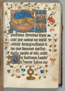 Tuntikirja Metzin käyttö: Fol. 27r, koristellut nimikirjaimet, c. 1440. tekijältä Unbekannt