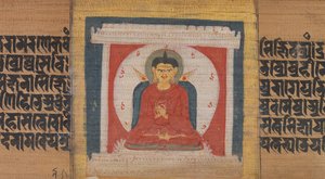 Buddha valtaistuimelle pyhäkössä, lehti...Pancavimsatisahasrika Prajnaparamita..., ca. 1090. tekijältä Unbekannt