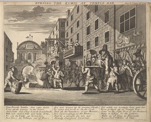 Rumpujen polttaminen Temple Barissa Levy 11: Kuvituksia Samuel Butlers Hudibrasille, 1725-30. tekijältä Unbekannt