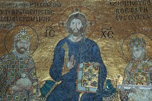 Bysanttilainen mosaiikki, jossa Kristus nousi valtaistuimelle maallisten hallitsijoiden välissä, 1100-luku tekijältä Unbekannt