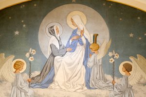 Catherine Laboure ja Neitsyt Maria. Fresko. Neitsyt Marian ihmemitalin kappeli. Pariisi DR tekijältä Unbekannt