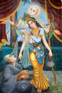 Chaitanya Mahaprabhu, 1400-luvun vaishnava-pyhimys ja yhteiskunnan uudistaja - Vaishnava tarkoittaa Vishnun tai Krishnan kunnioittamista (huilua soittava Krishna on yksi Vishnun avatareista) Vrindavan Inde tekijältä Unbekannt