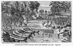Champlainsin ensimmäinen taistelu intiaanien kanssa, 1609 jKr., 1877 tekijältä Unbekannt