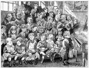 Lapset odottavat keittoa päivällisaikaan, London Board School, Denmark Terrace, Islington, 1889 tekijältä Unbekannt