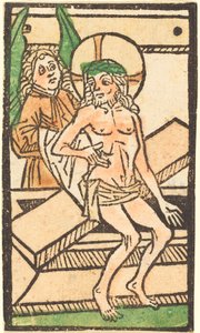 Kristus istuu haudallaan yhden enkelin kanssa, n. 14701480. tekijältä Unbekannt