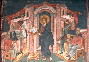 Kristus Nasaretin synagogassa, noin 1350 tekijältä Unbekannt