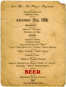 Joulupäivän menu, 2. Battalion the Kings -rykmentti, Irak, 1926 tekijältä Unbekannt