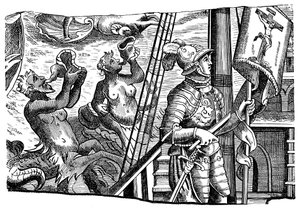 Christopher Columbus matkallaan Amerikkaan, kaiverrus, c1500 tekijältä Unbekannt