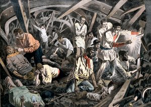 Hiilikaivostyöläiset jäivät maan alle katon putoamiseen, Courrieres Mines, Pas-de-Calais, Ranska, 1906 tekijältä Unbekannt