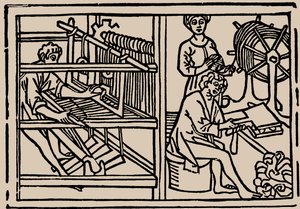 Villan kampaus, kehräys ja kudonta. Rodericus Zamorensiksen Speculum Vitae Humanaesta, 1479. tekijältä Unbekannt