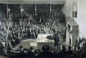 Fyysikko Michael Faradayn (1791-1867) luento Lontoon kuninkaallisen instituutin edessä 27. joulukuuta 1855 Saxe Cobourg Gothan (Saxe-Cobourg-Gotha) prinssi Albertin läsnä ollessa tekijältä Unbekannt