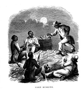 Corn Husking, mustat ihmiset kuorivat maissia, Etelä-USA, c1850 tekijältä Unbekannt